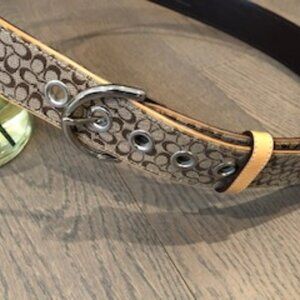 Coach Signature Logo Leather & Woven Jacquard Belt Silver Metal Hardware Tan L